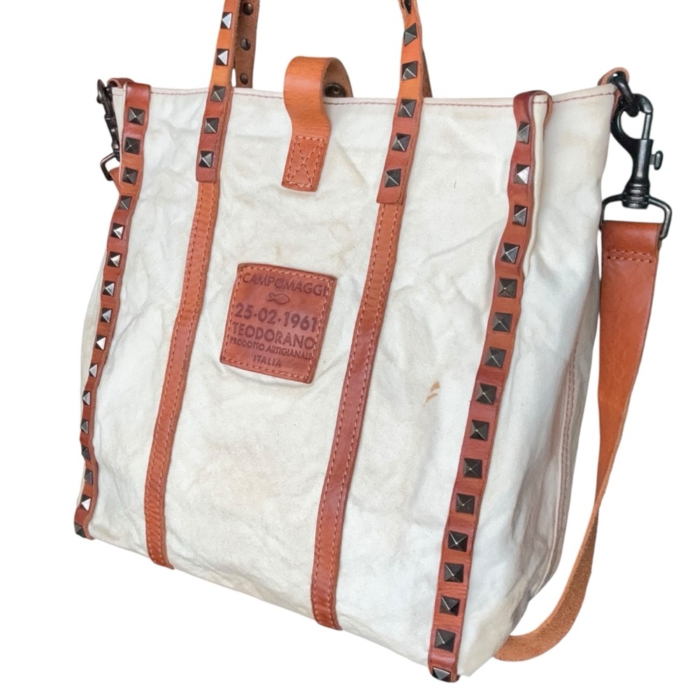 Campomaggi canvas and leather tote crossbody studded - Picture 5 of 12